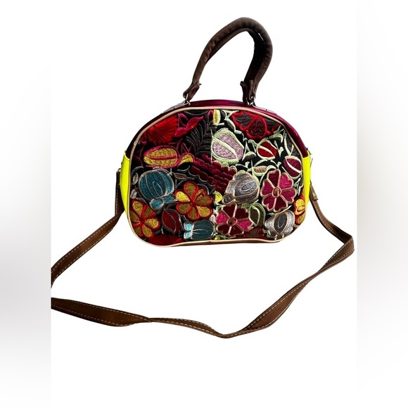 Mexican Floral Embroidered Suede Leather Handbag Colorful Medium Handmade - Picture 2 of 12